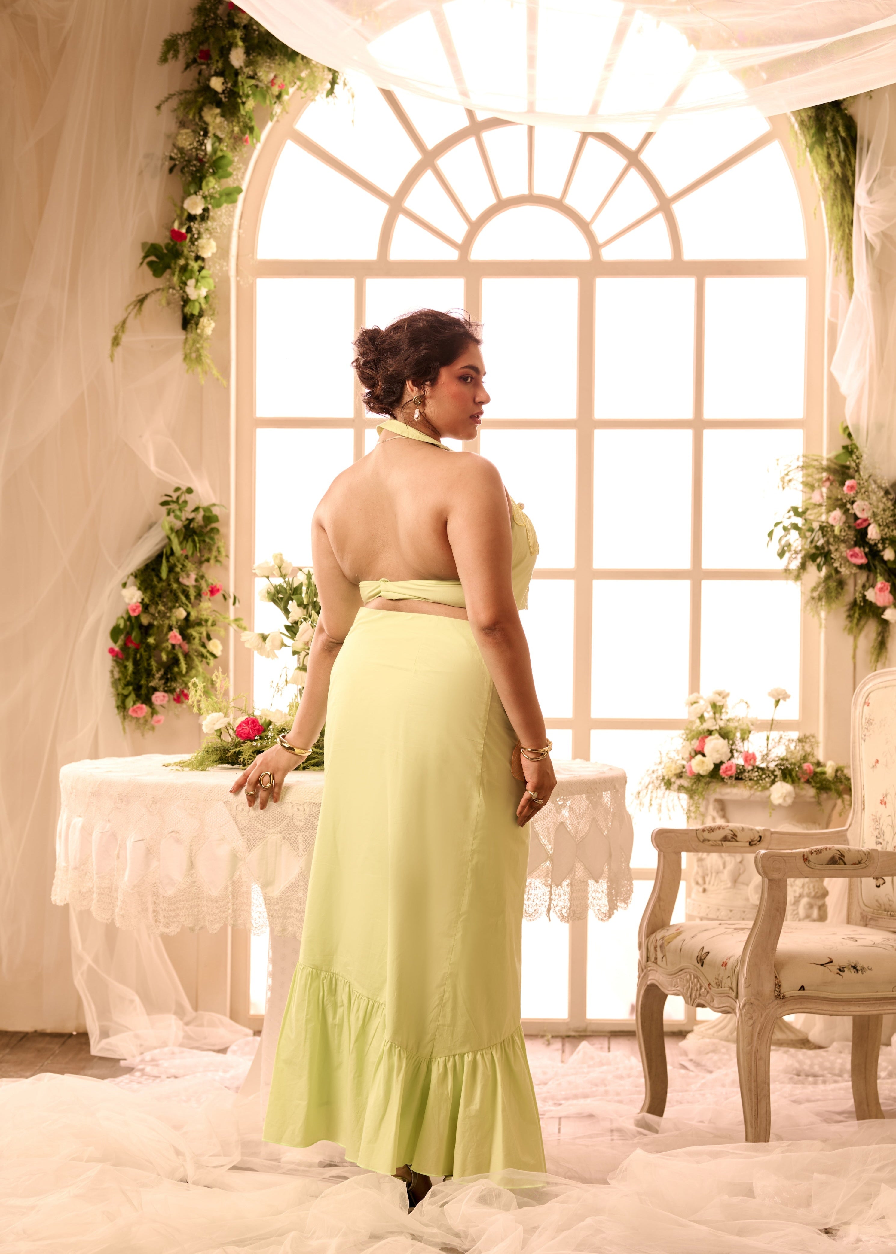 Jayden Lime Green 3D Flowers Coord Set with vibrant lime green fabric, featuring a crop top and skirt adorned with intricate 3D floral appliqués for a bold, eye-catching look