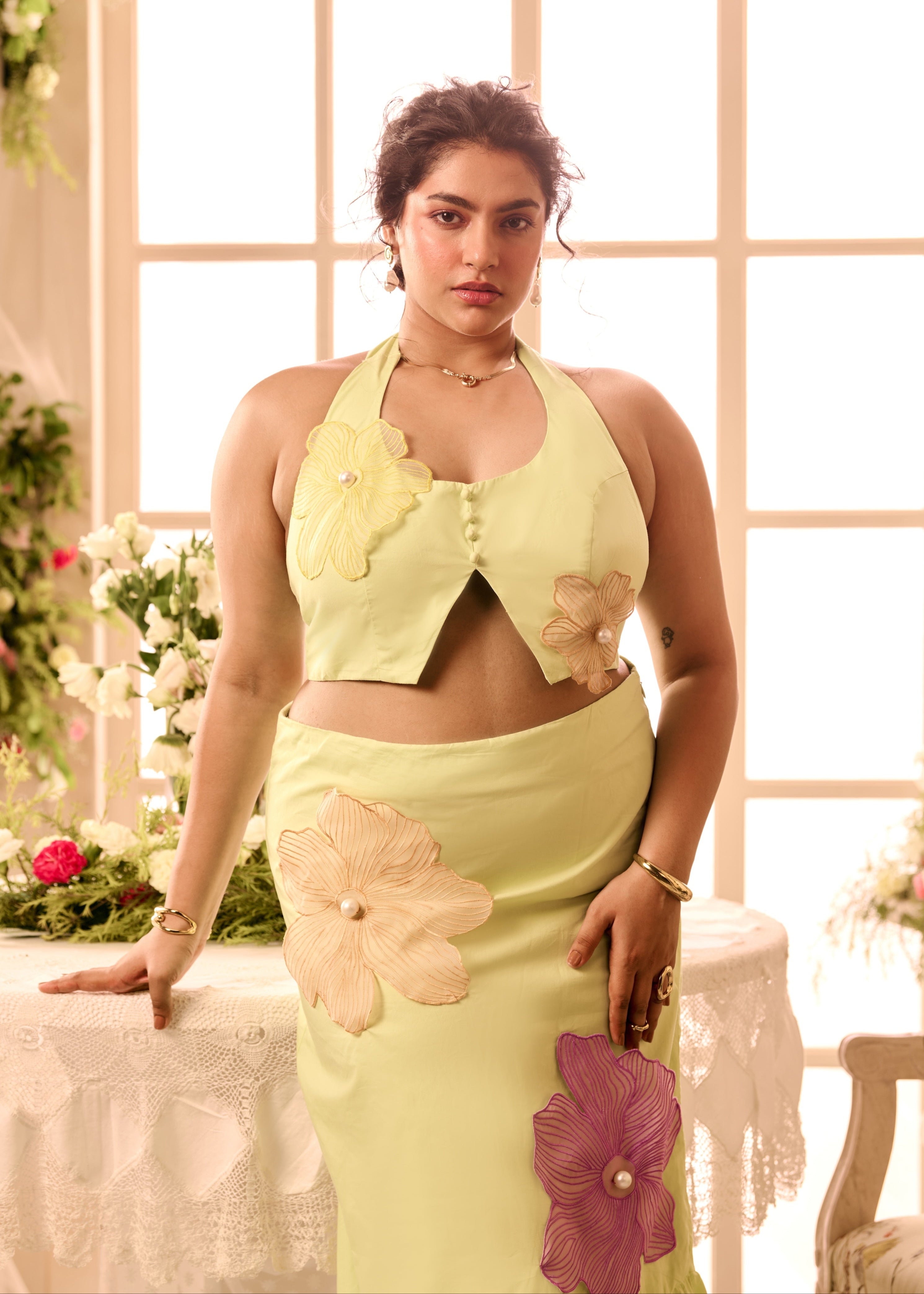 Jayden Lime Green 3D Flowers Coord Set with vibrant lime green fabric, featuring a crop top and skirt adorned with intricate 3D floral appliqués for a bold, eye-catching look