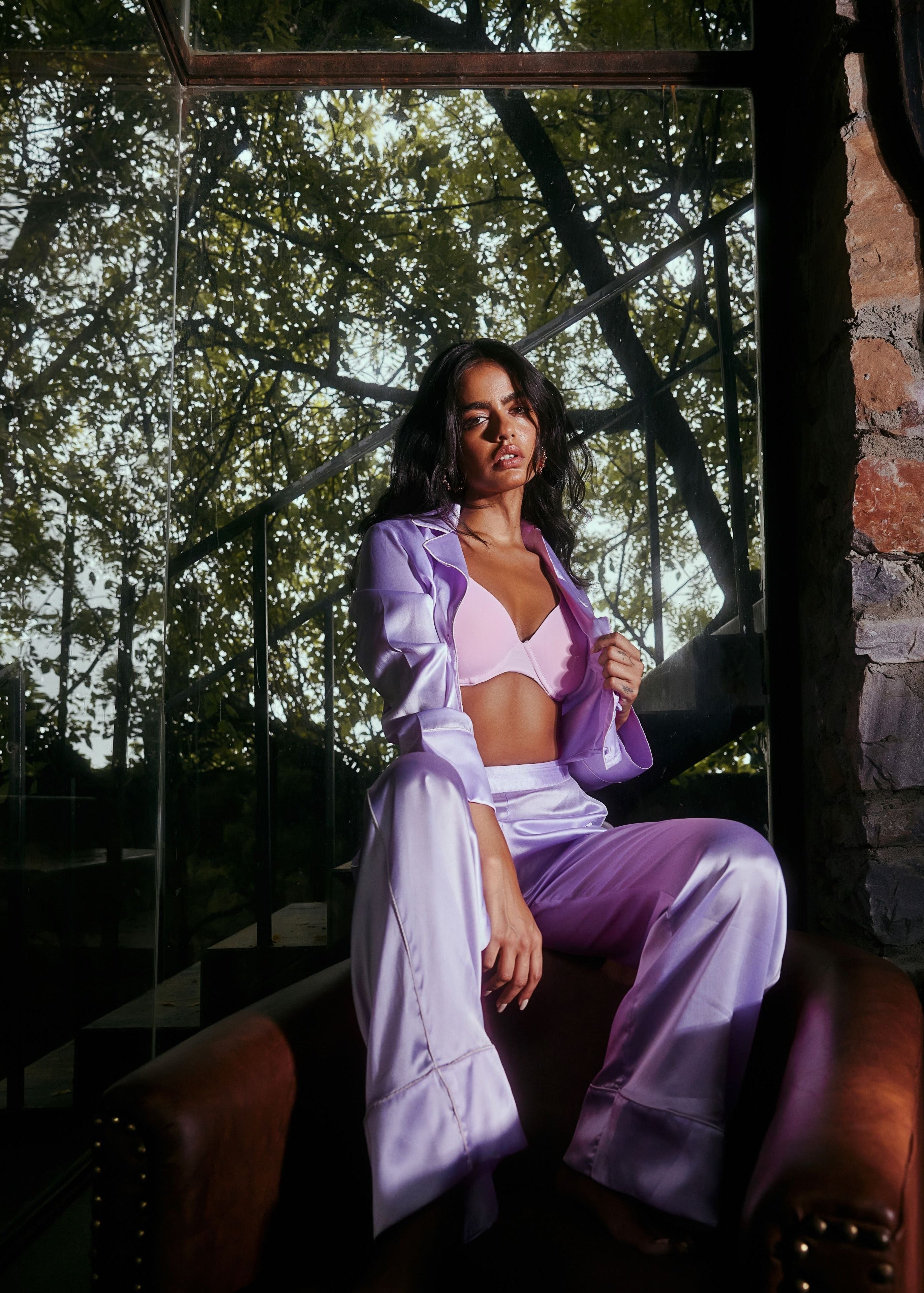 Buy Our Josie Lavender Satin Shirt + Pyjama Pants Lounge Set