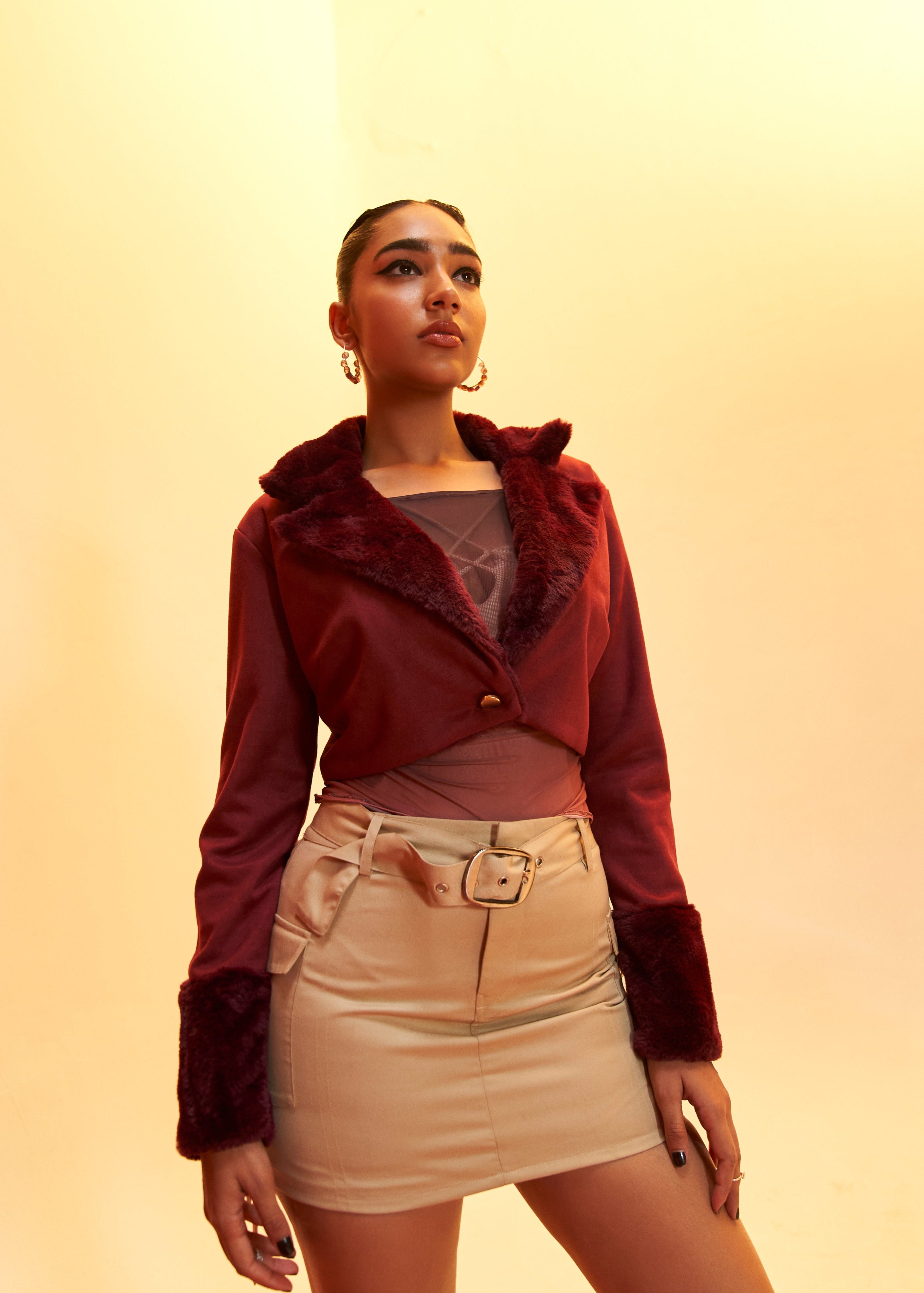 Katherine burgundy cropped jacket combining faux fur and suede for a luxurious and stylish look