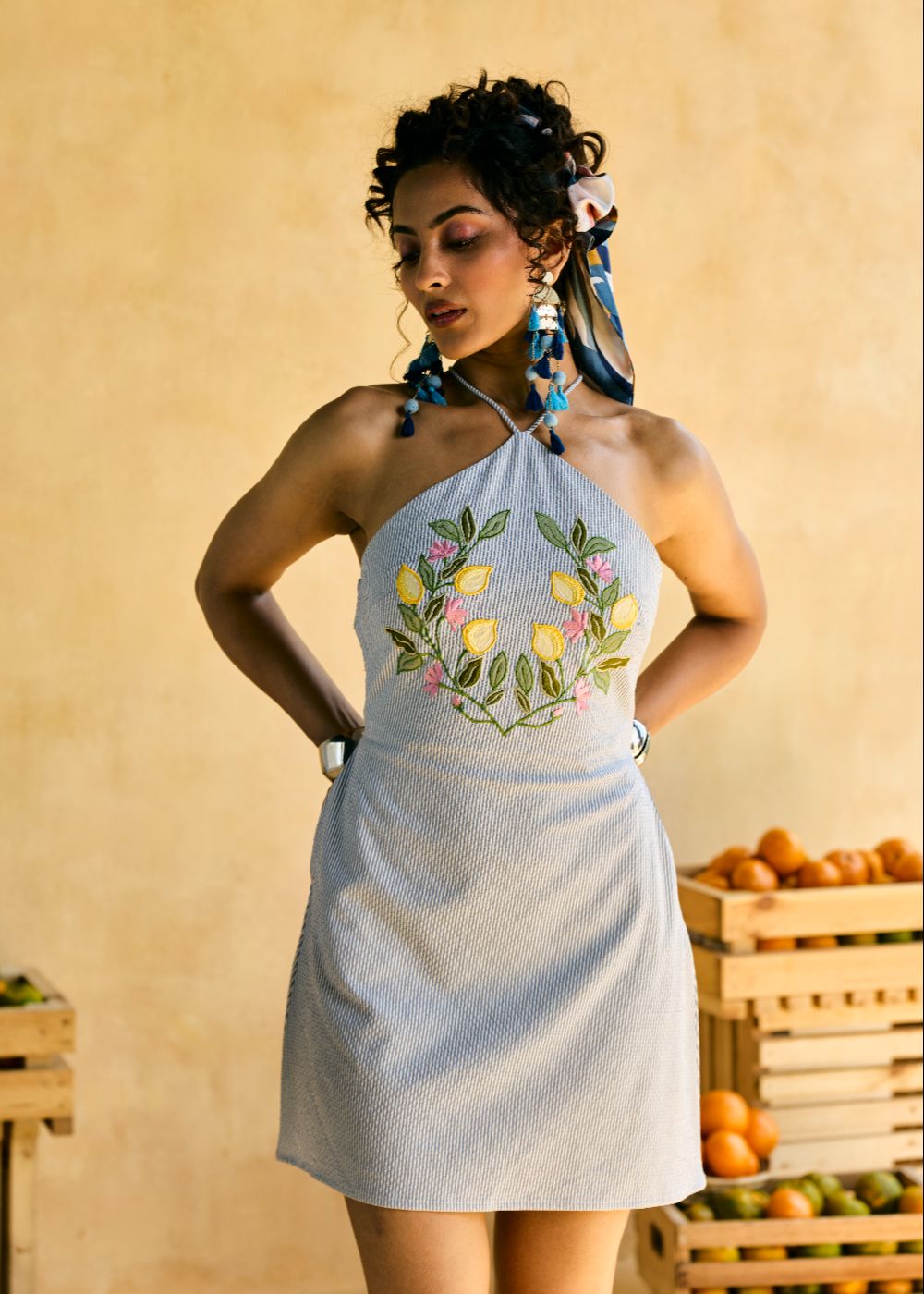 Gulnaar Lemon Patch Halter Mini Dress