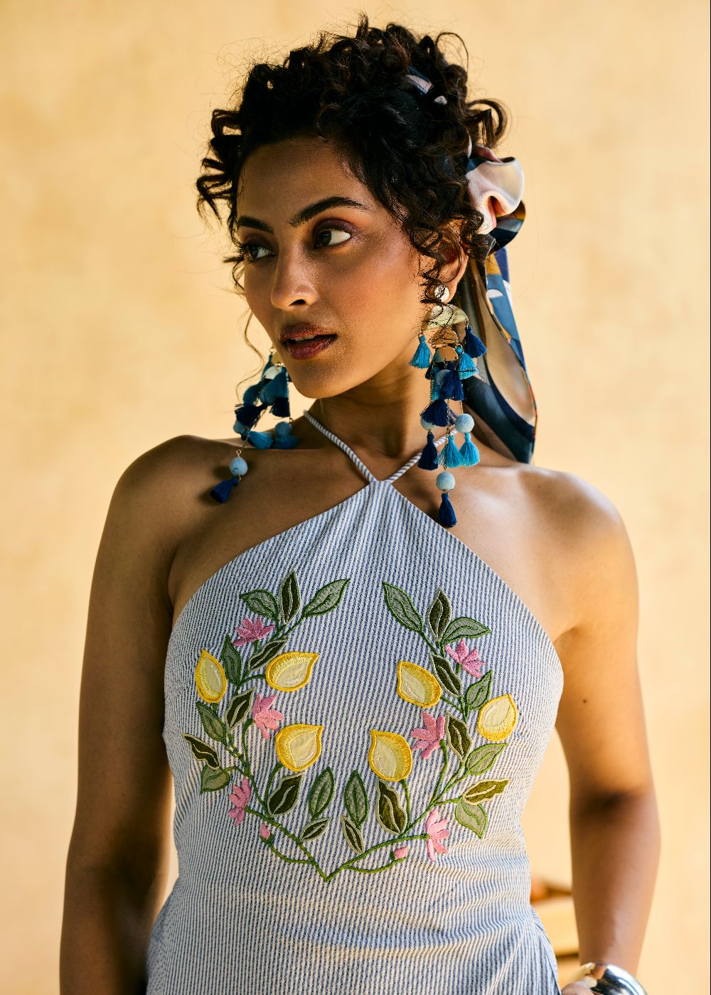 Gulnaar Lemon Patch Halter Mini Dress