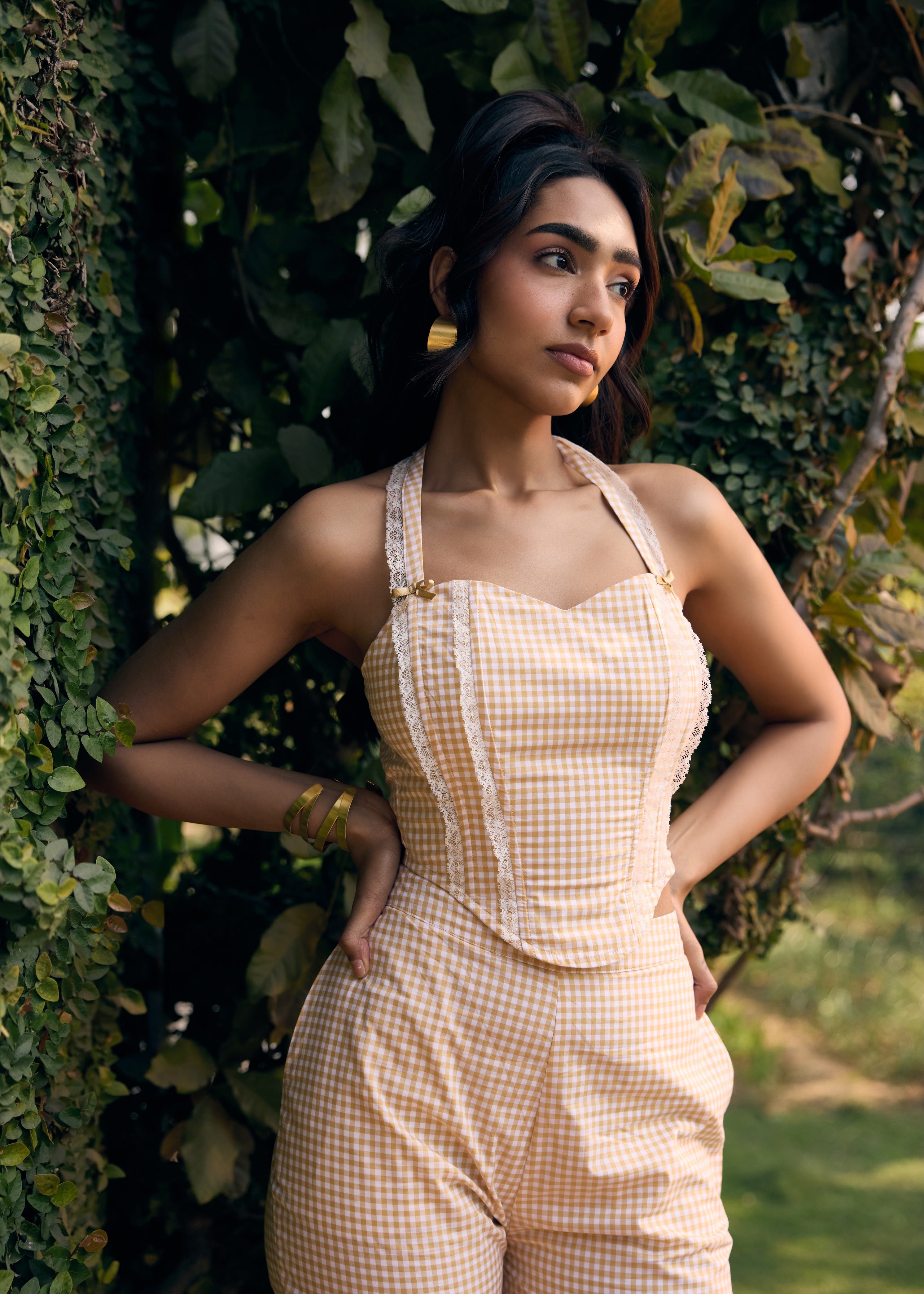 Odette Yellow Gingham and Lace Corset Top