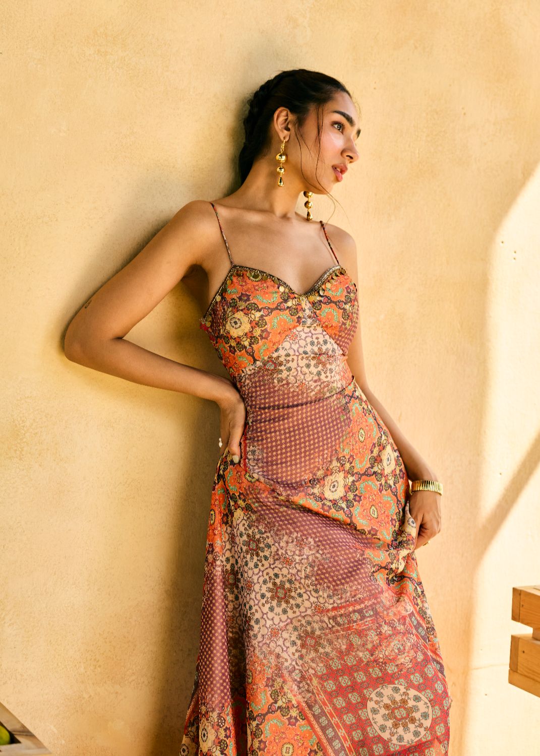 Aamrang Scarf Print Cascade Midi Dress