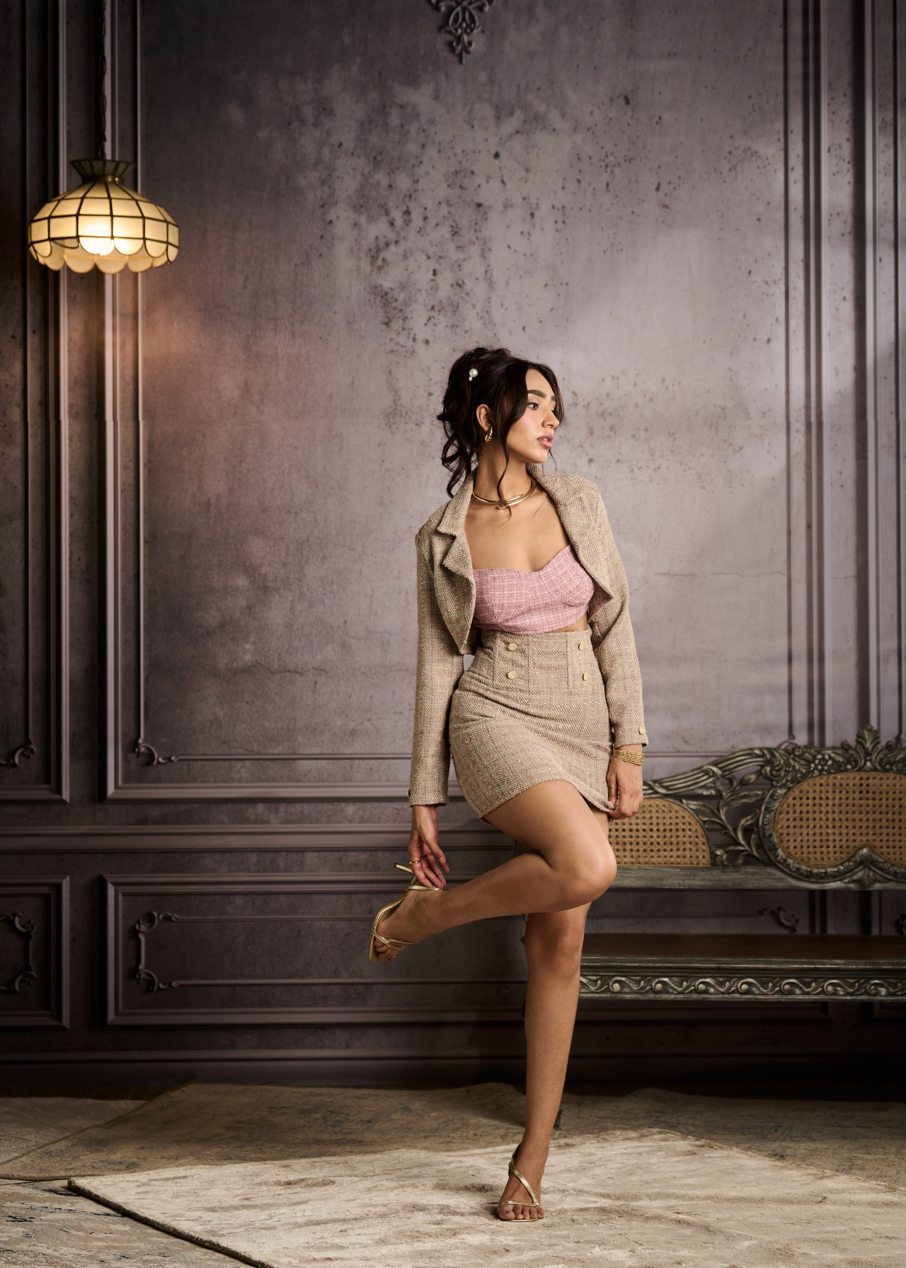 Soraya Mocha Tweed High-Waist Corset Mini Skirt