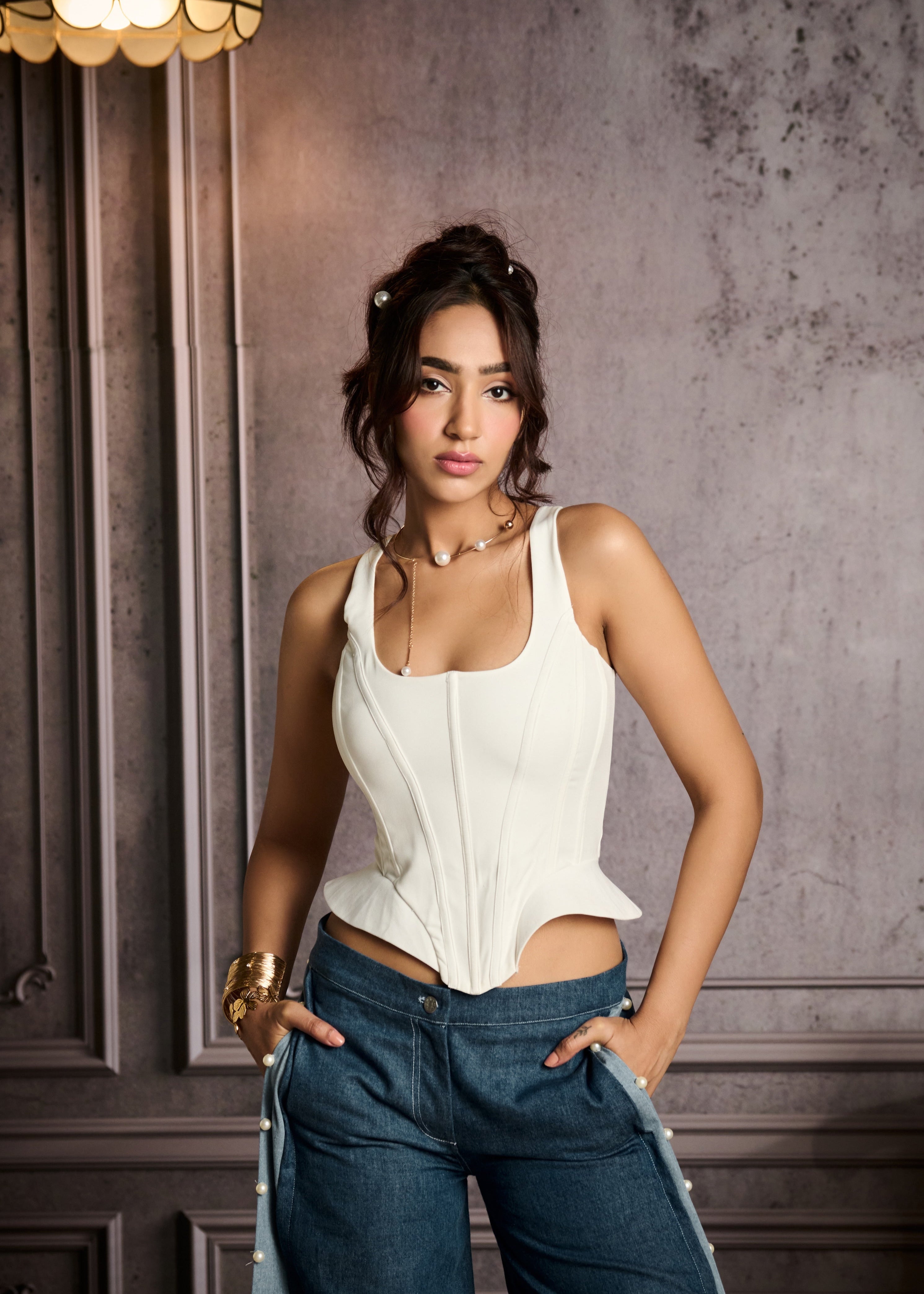 Hela Dual Tone Pearl Embroidered Low-Rise Jeans