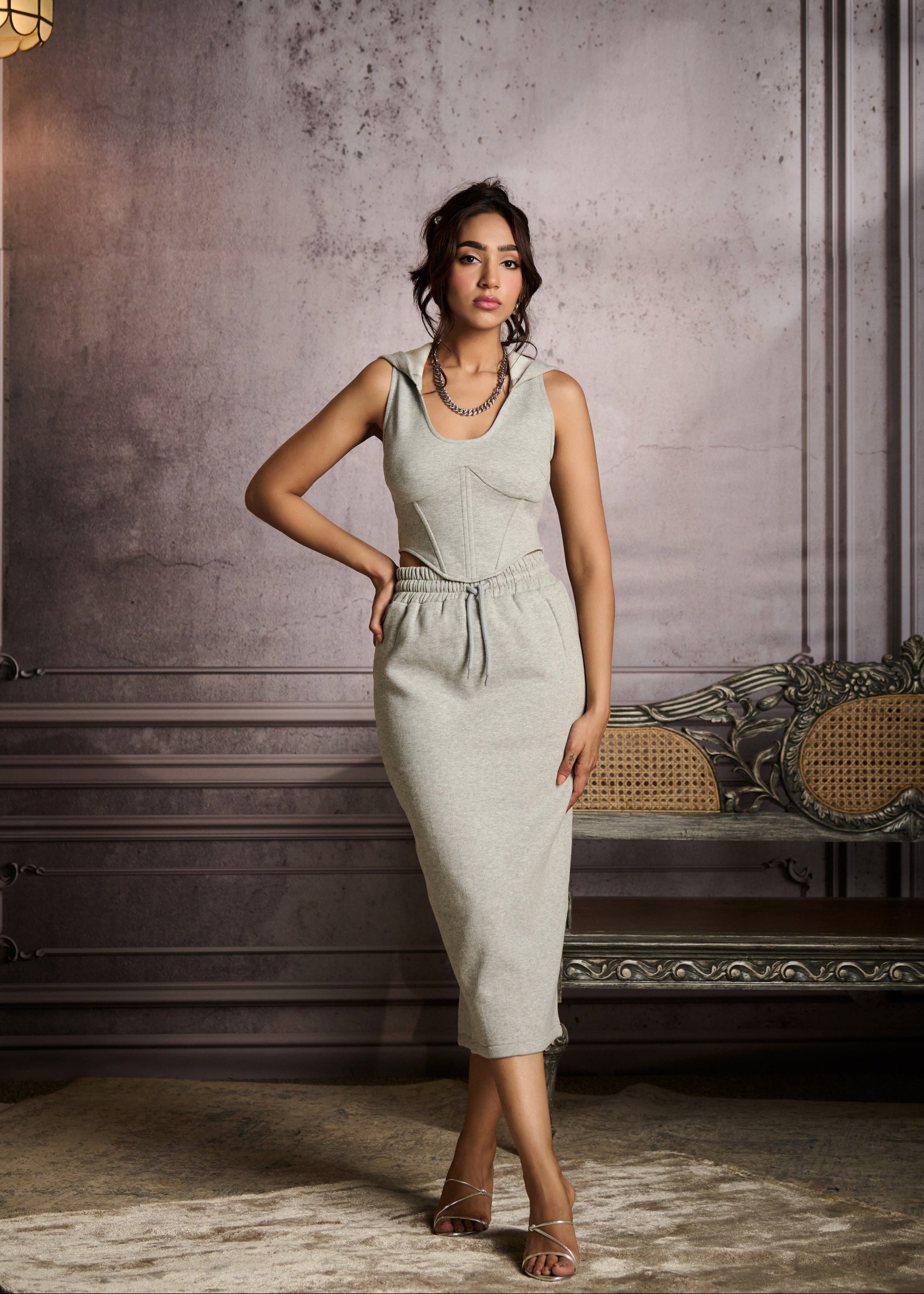 Paula Grey Drawstring Midi Skirt