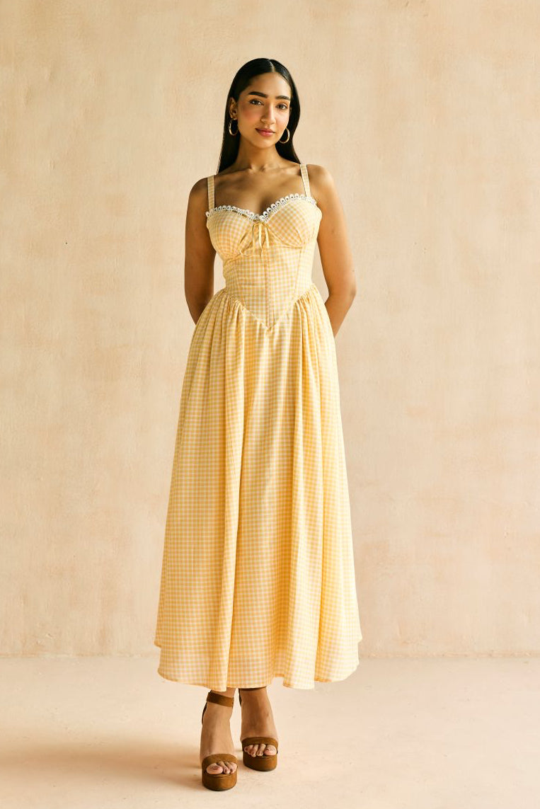 Alaya Butter Yellow Gingham Midi Corset Dress