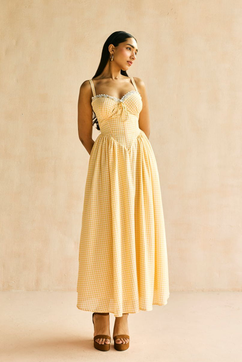 Alaya Butter Yellow Gingham Midi Corset Dress