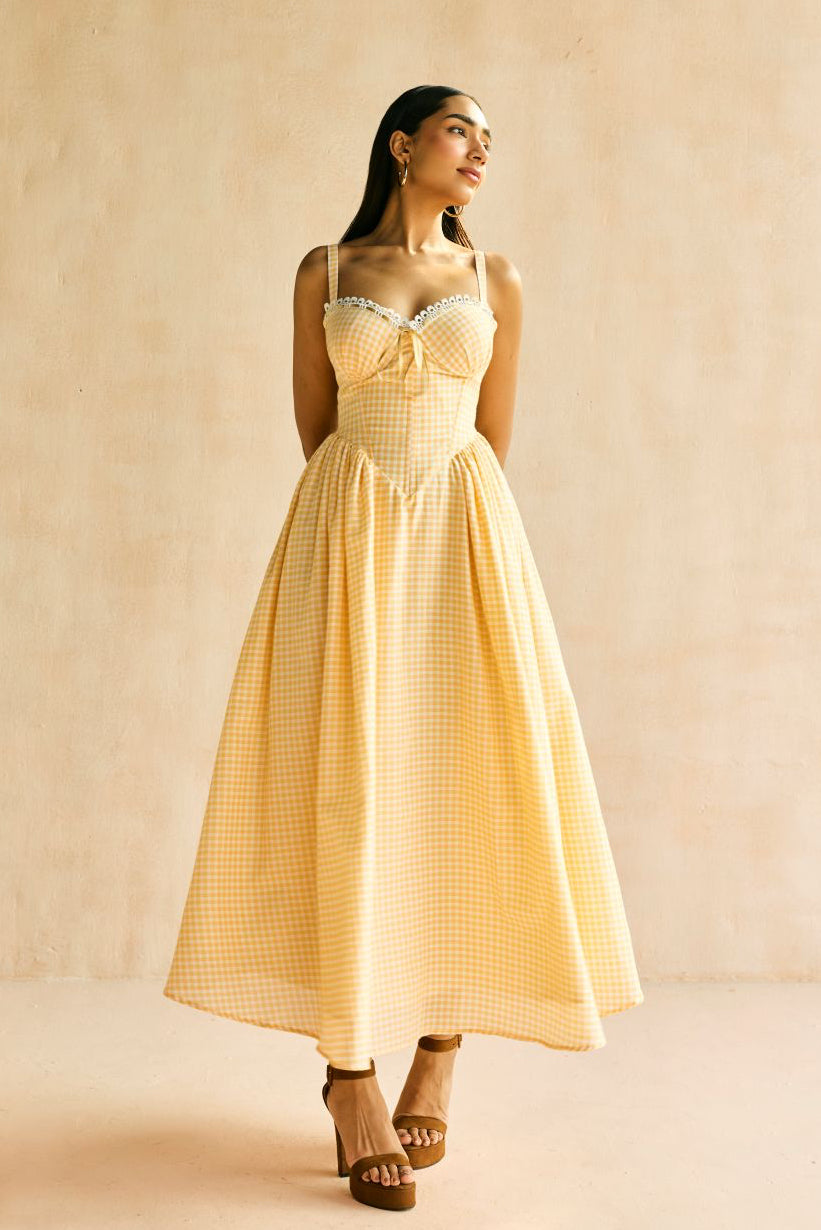 Alaya Butter Yellow Gingham Midi Corset Dress