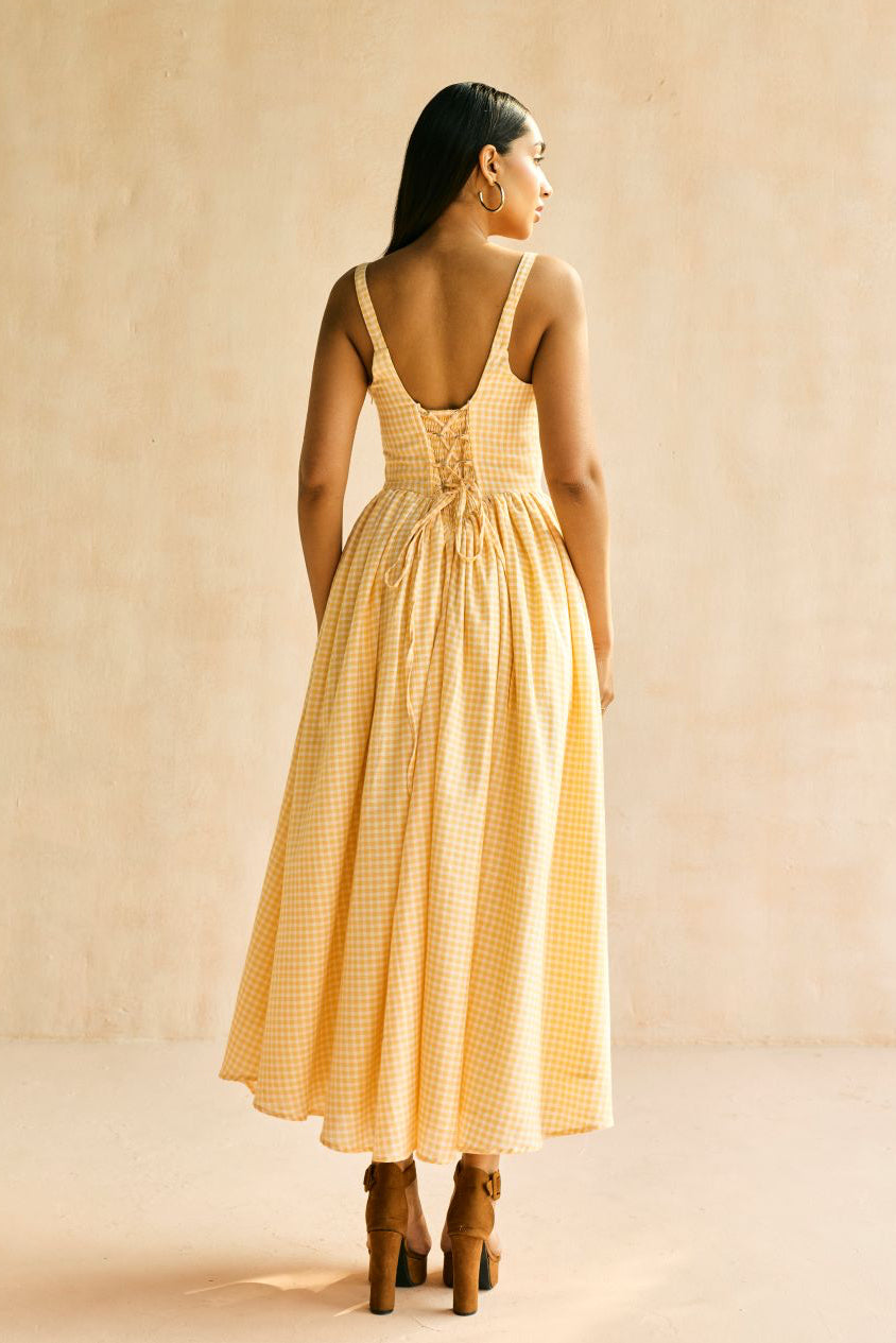 Alaya Butter Yellow Gingham Midi Corset Dress