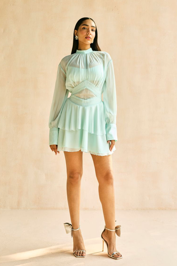 Misty Blue Tiered Ruffled Mini Dress