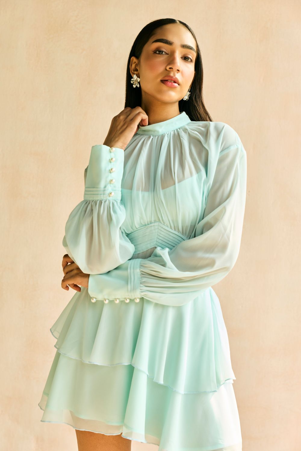 Misty Blue Tiered Ruffled Mini Dress