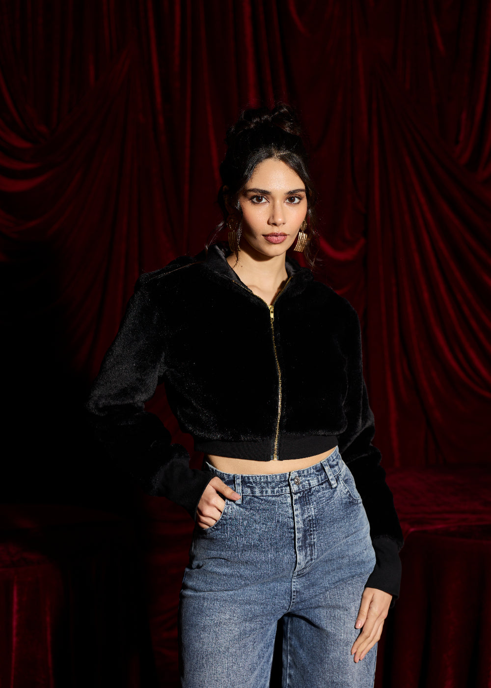 Velvet Faux Fur Crop Hoodie Jacket