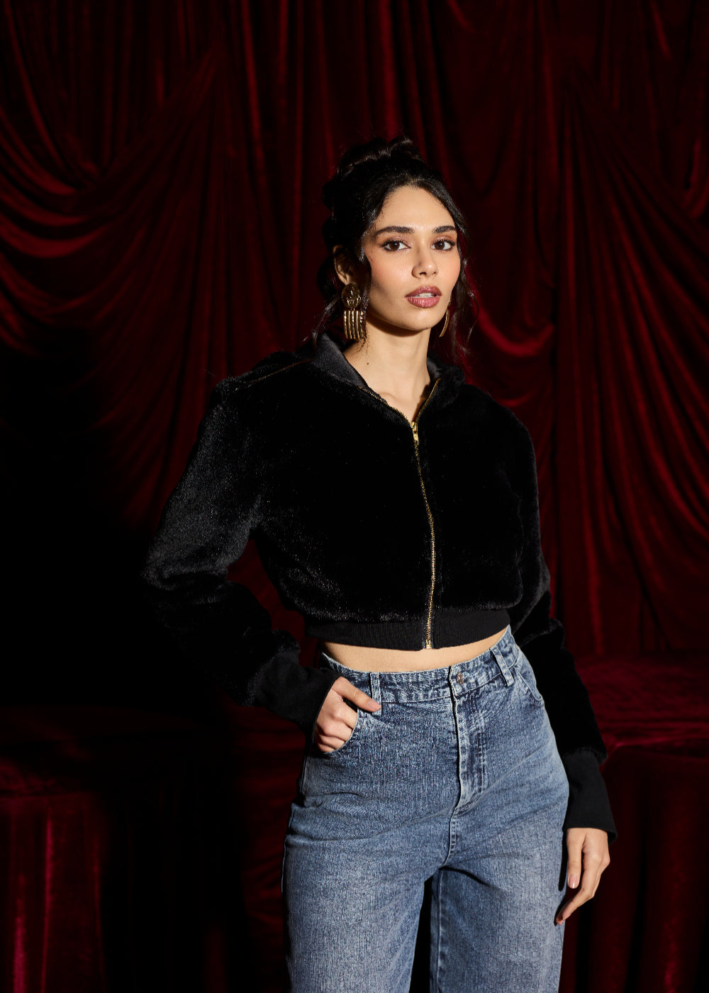 Velvet Faux Fur Crop Hoodie Jacket