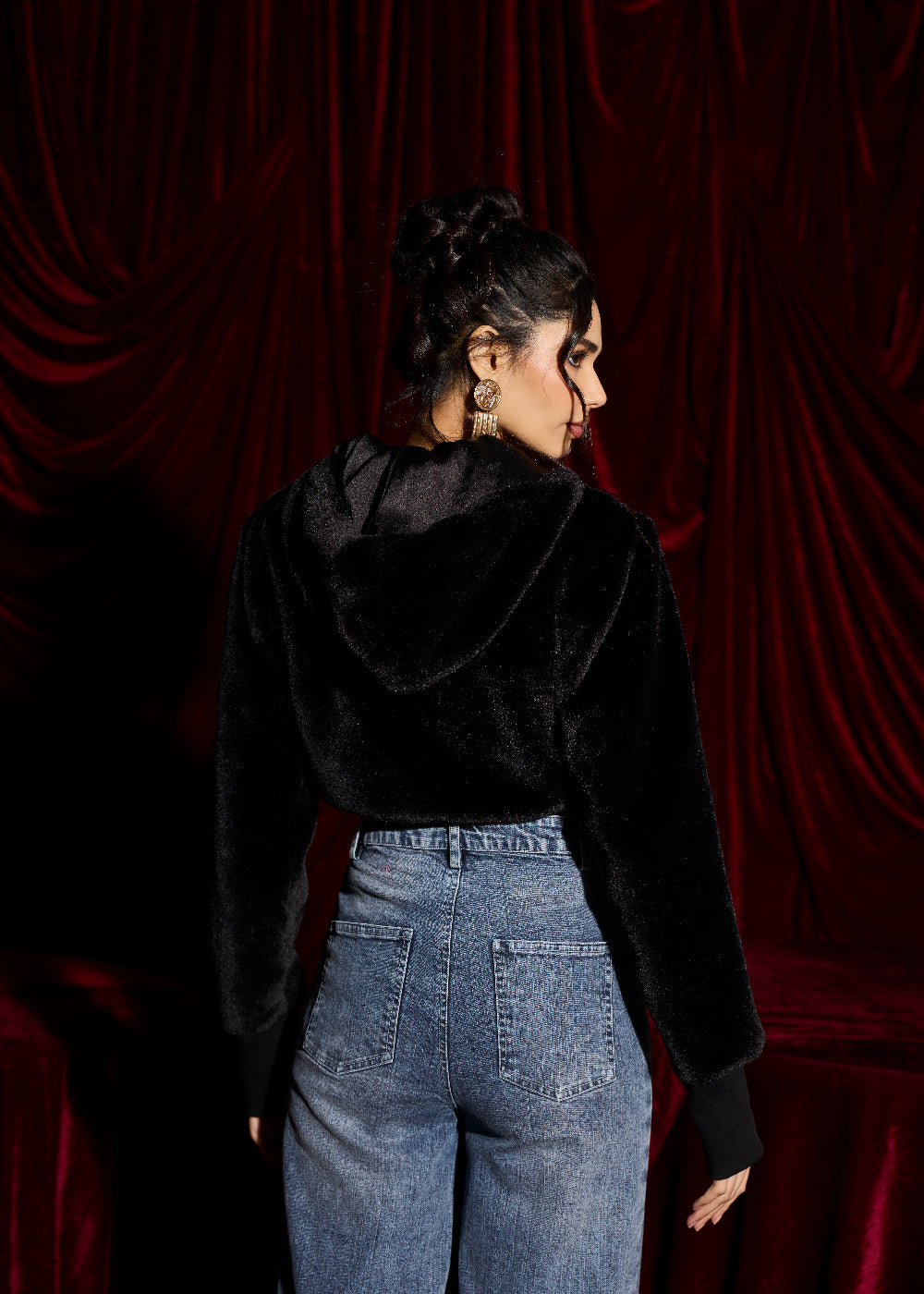 Velvet Faux Fur Crop Hoodie Jacket