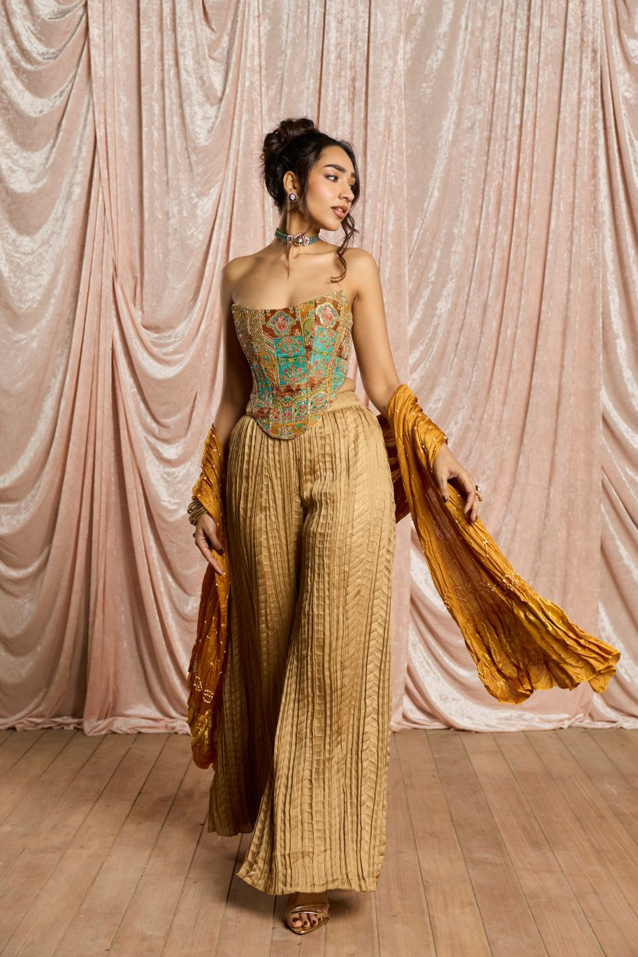 Mahira Yellow Embroidered Corset and Crinkled Gharara Set