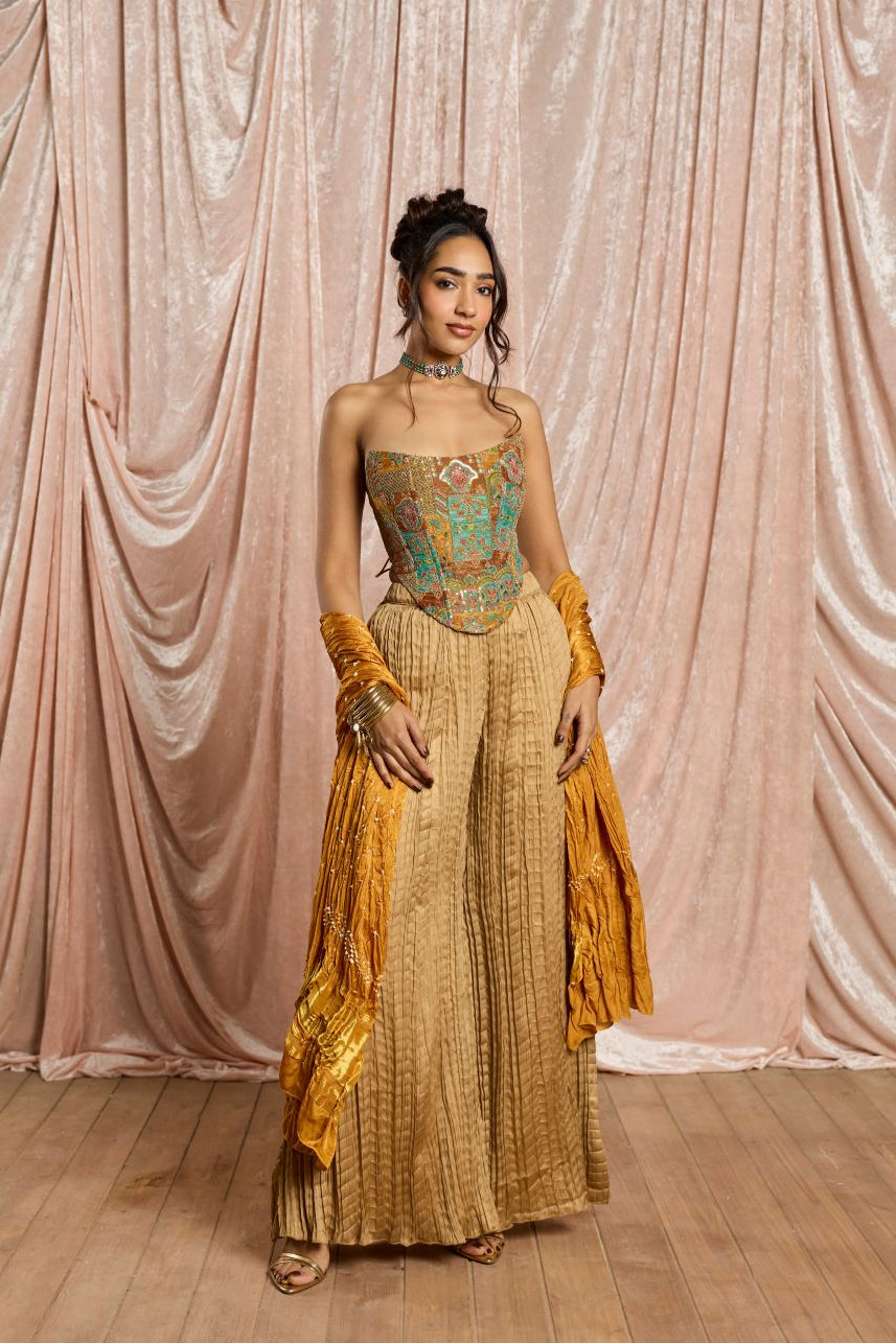 Mahira Yellow Embroidered Corset and Crinkled Gharara Set