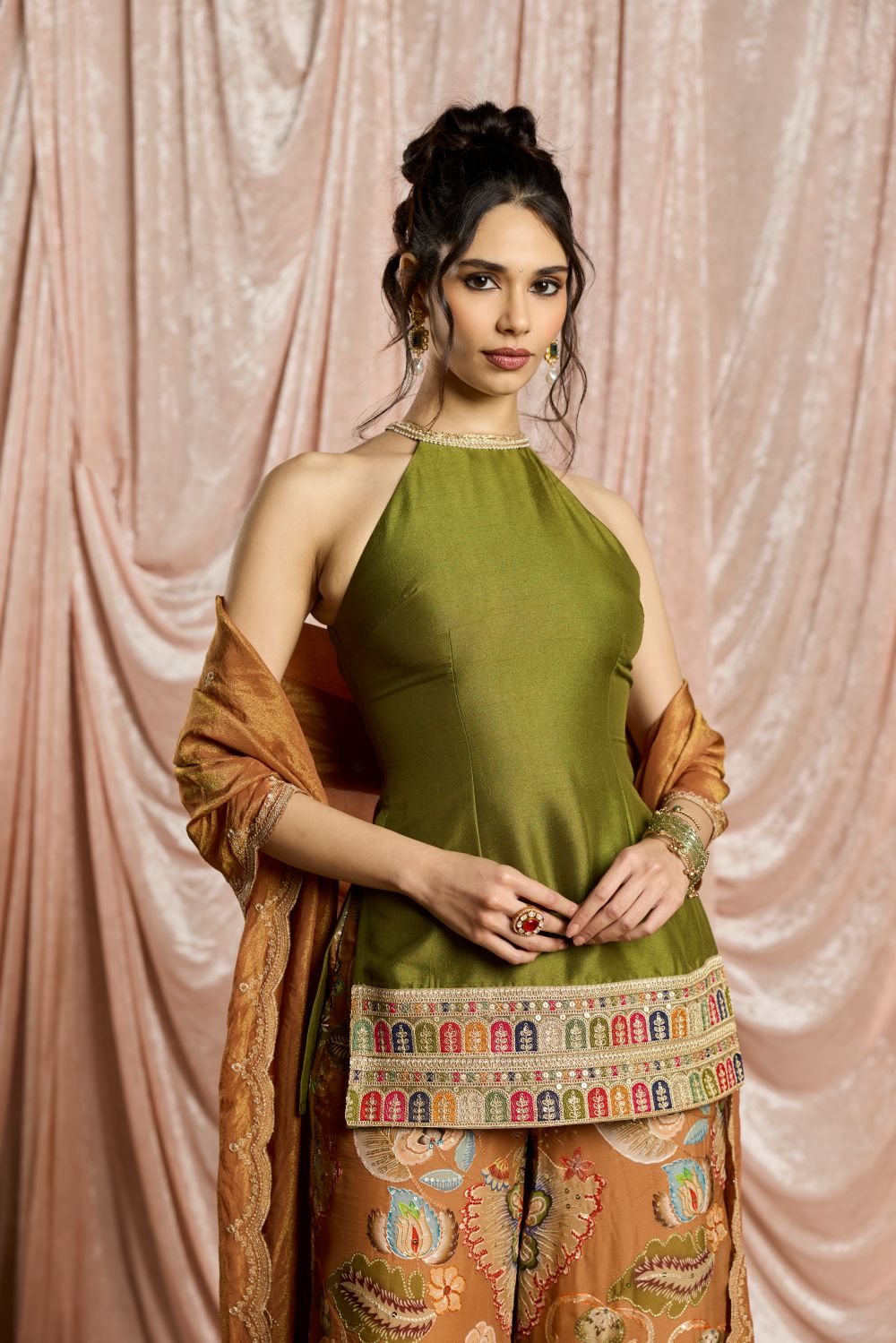Zehra Green and Rust Embroidered Halter Sharara Set