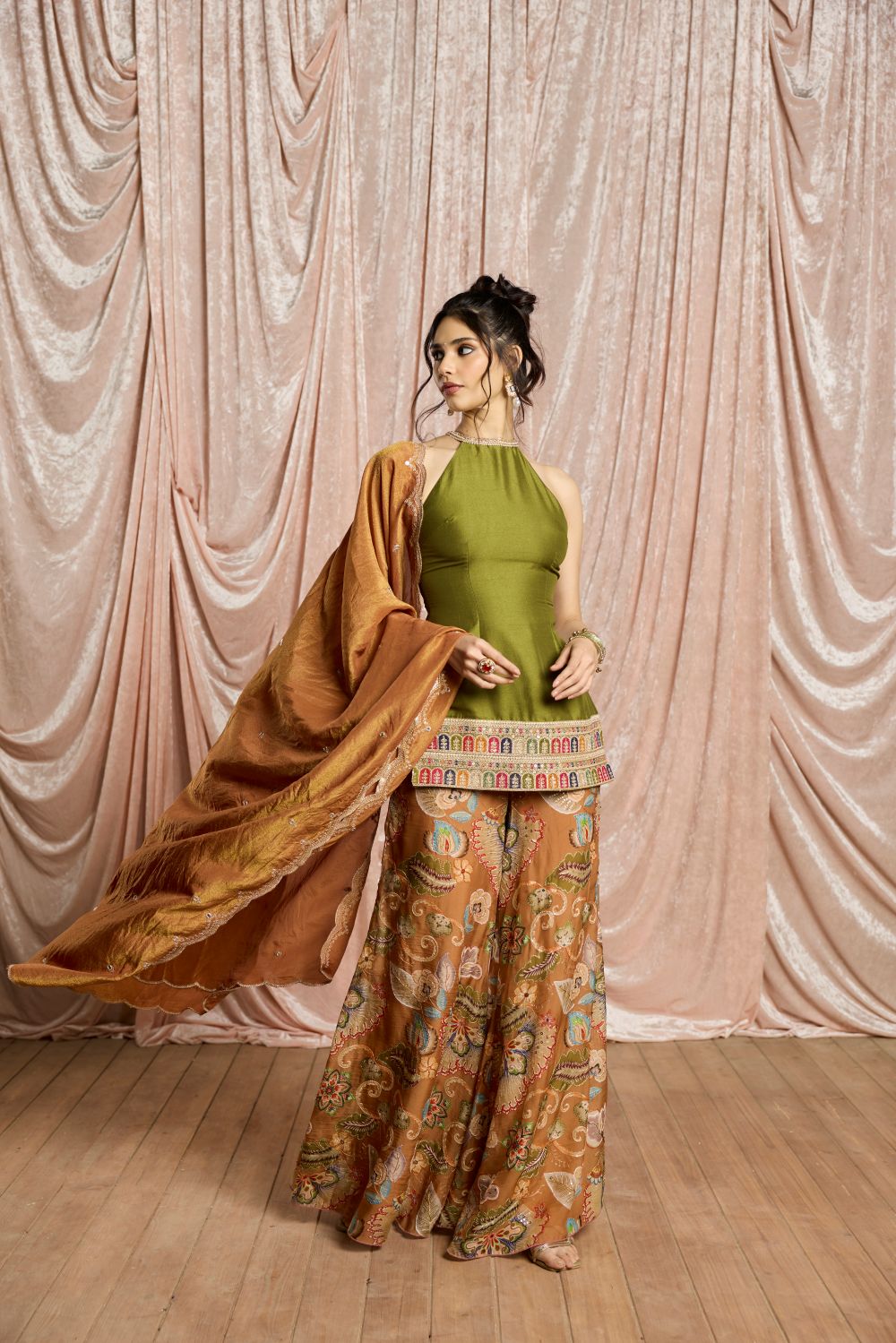 Zehra Green and Rust Embroidered Halter Sharara Set