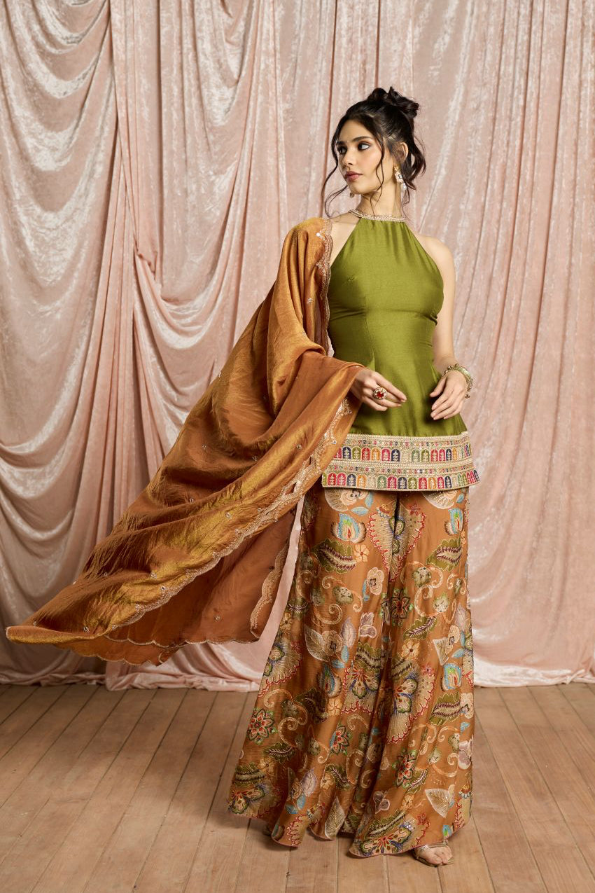 Zehra Green and Rust Embroidered Halter Sharara Set