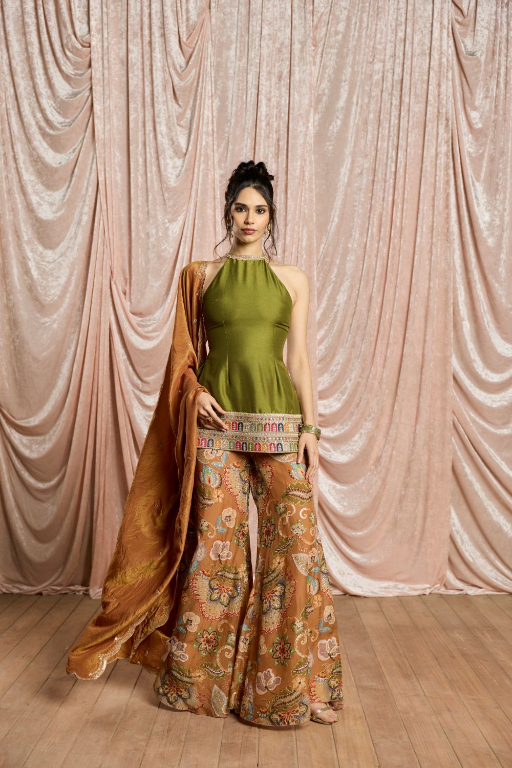 Zehra Green and Rust Embroidered Halter Sharara Set