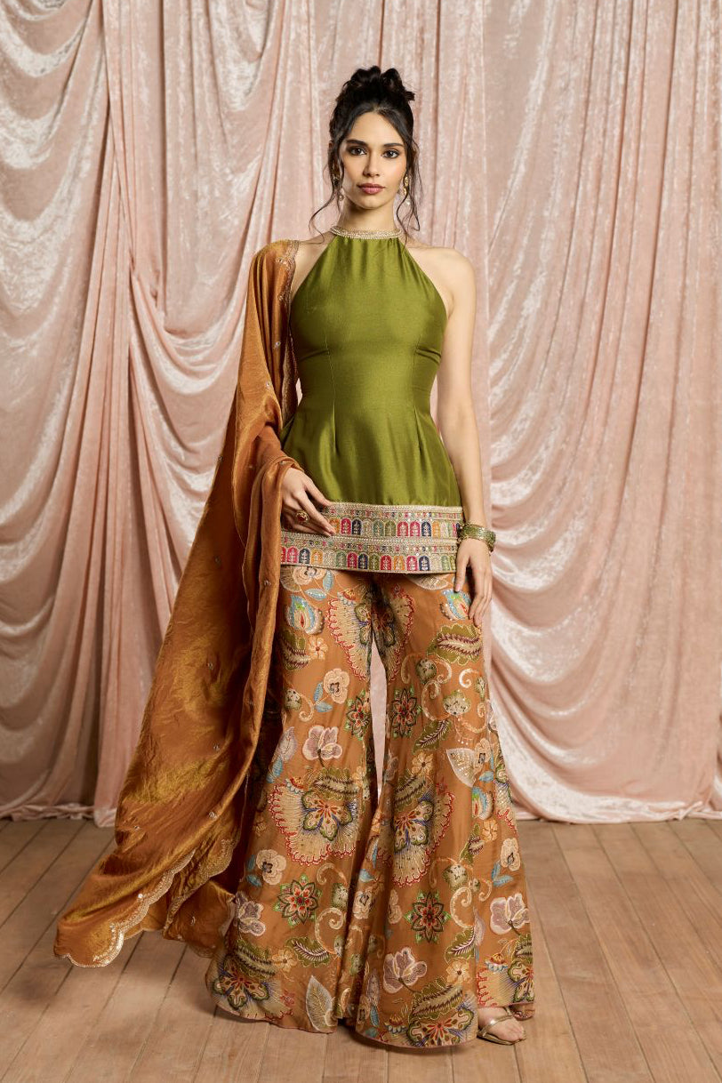 Zehra Green and Rust Embroidered Halter Sharara Set