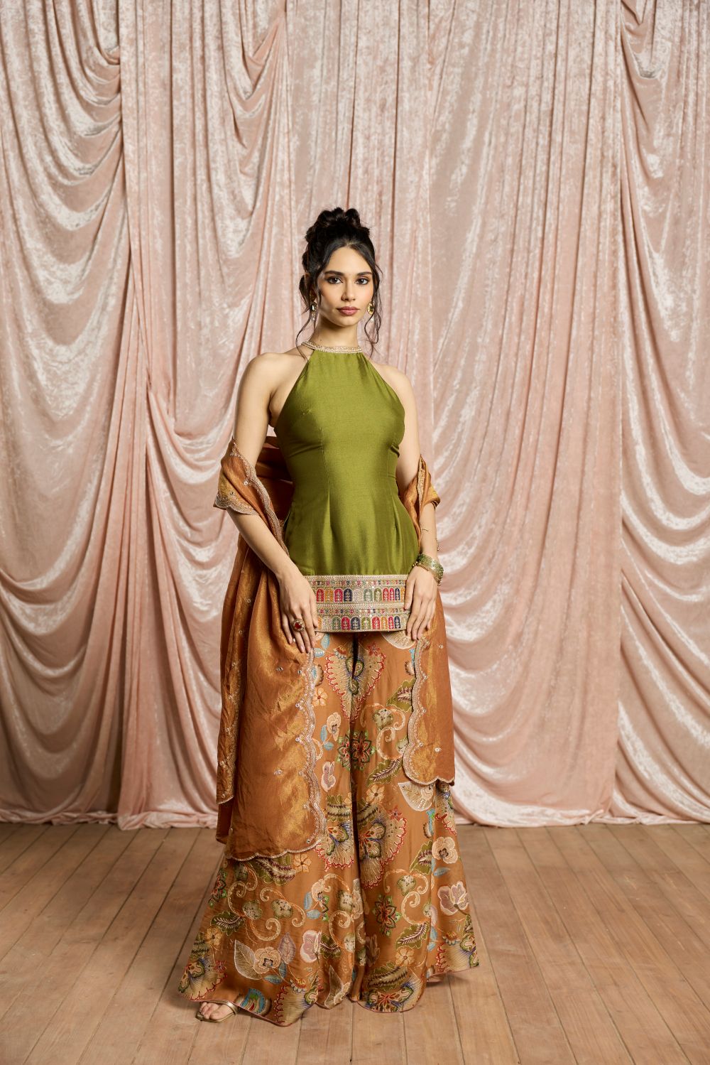 Zehra Green and Rust Embroidered Halter Sharara Set