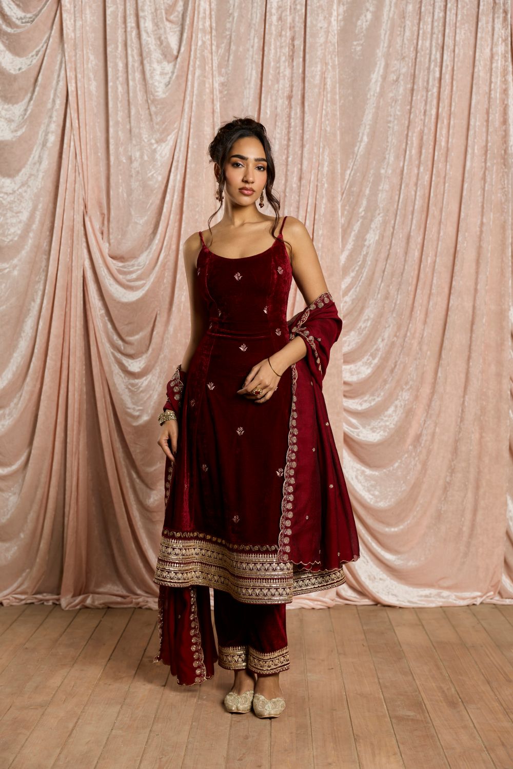 Laalima Burgundy Velvet Embroidered Anarkali Set