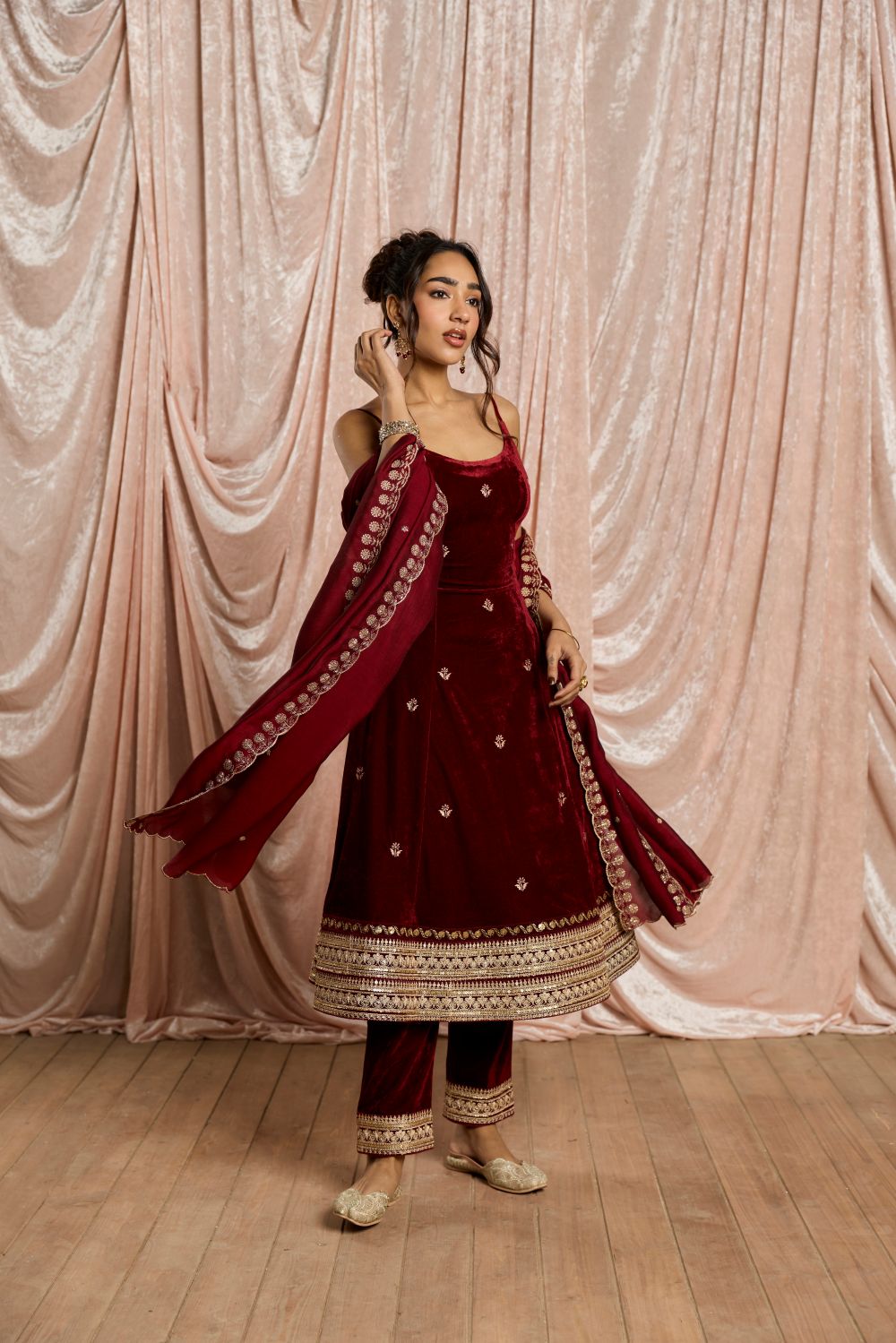 Laalima Burgundy Velvet Embroidered Anarkali Set