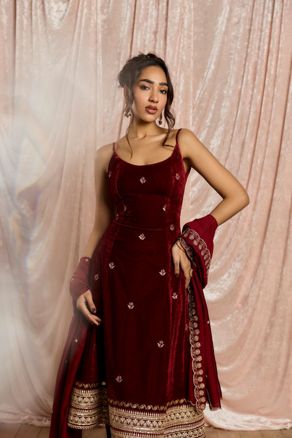 Laalima Burgundy Velvet Embroidered Anarkali Set