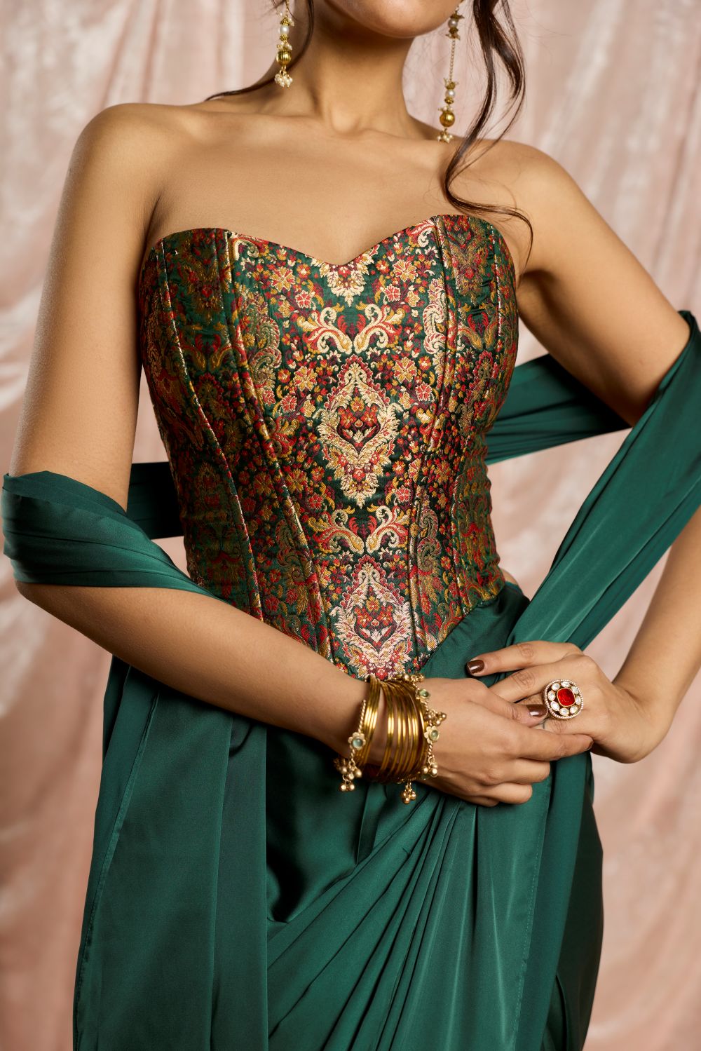 Hansika Emerald Brocade Corset Draped Saree Set