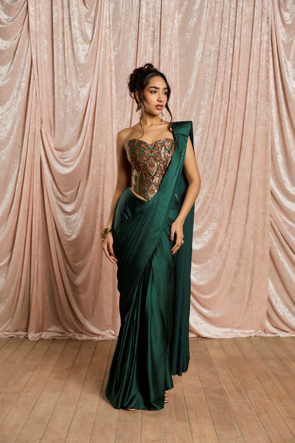 Hansika Emerald Brocade Corset Draped Saree Set