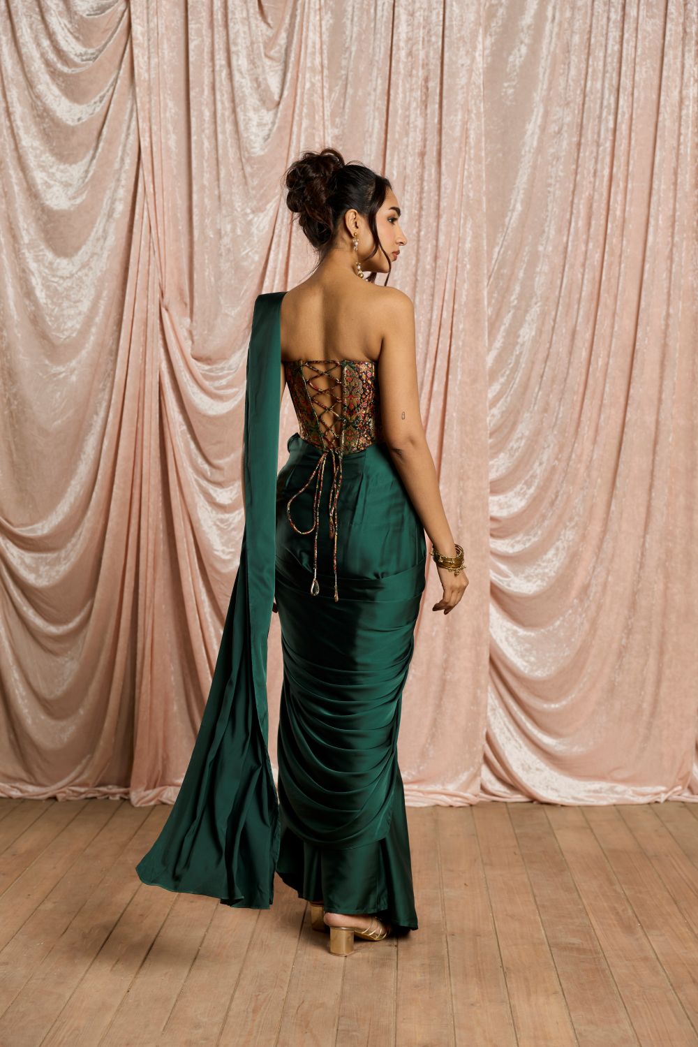 Hansika Emerald Brocade Corset Draped Saree Set