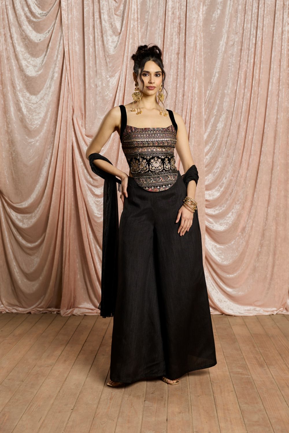 Nargis Black Embroidered Velvet Backless Top