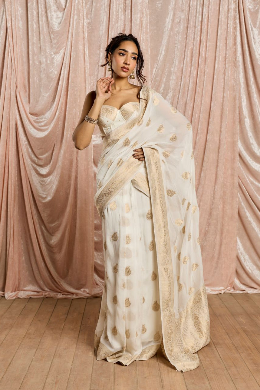 Zoya White and Gold Banarasi Pre-Draped Saree