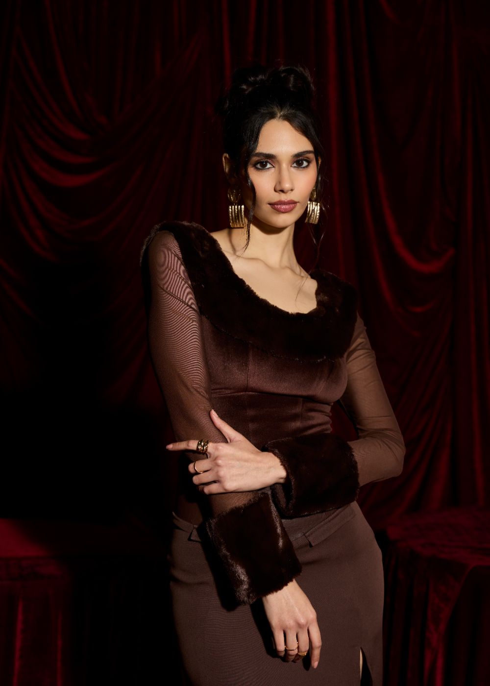 Brown Deer Sheer Fur-Trim Top