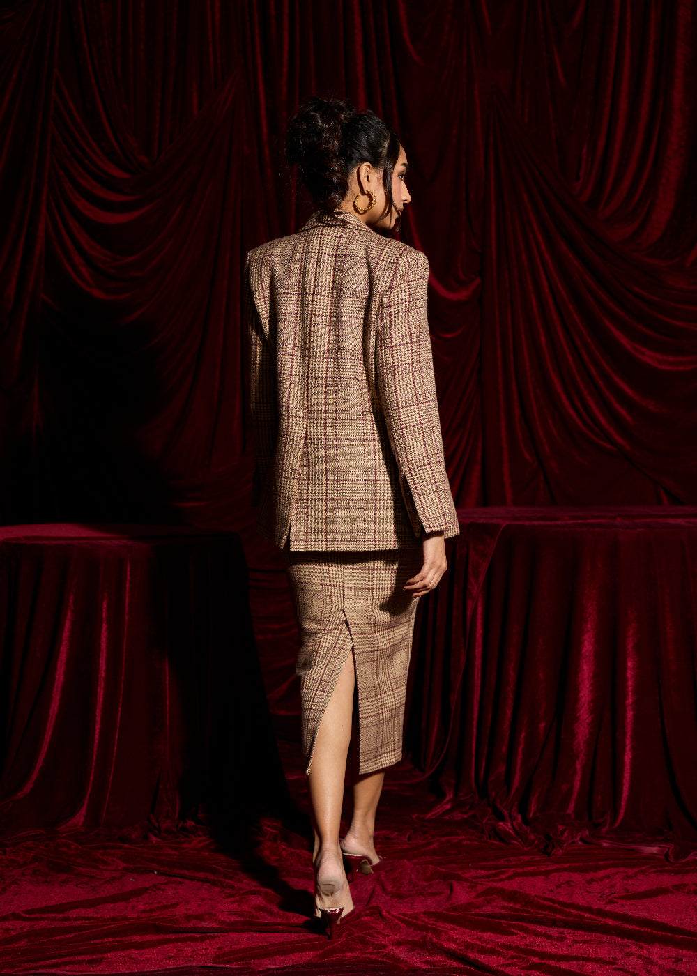 Heritage Brown Plaid Woolen Pencil Skirt