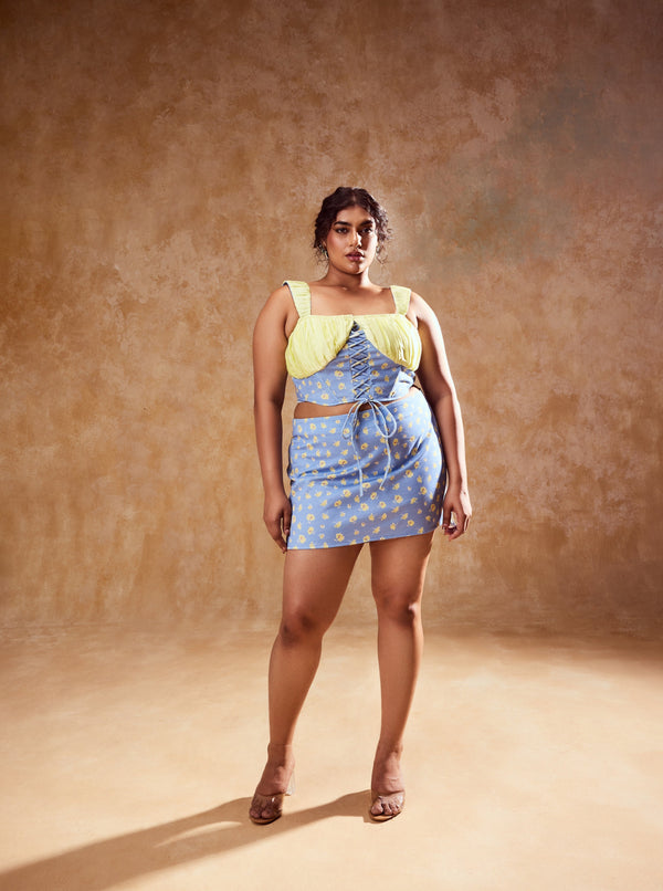 Noelia Pastel Blue and Yellow Skirt and Top Set