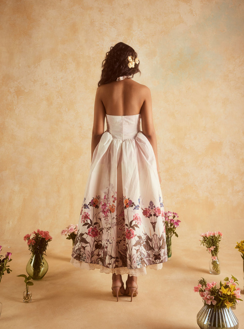 Oaklynn White Floral Corset Halter Midi Dress