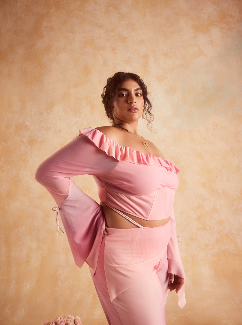 Polina Baby Pink Bell-Sleeved Top & Pant Coord Set