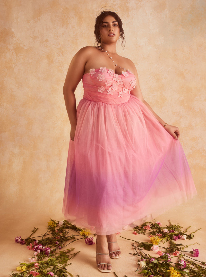 Samantha 3D Flower Embroidered Pink Ombre Dress