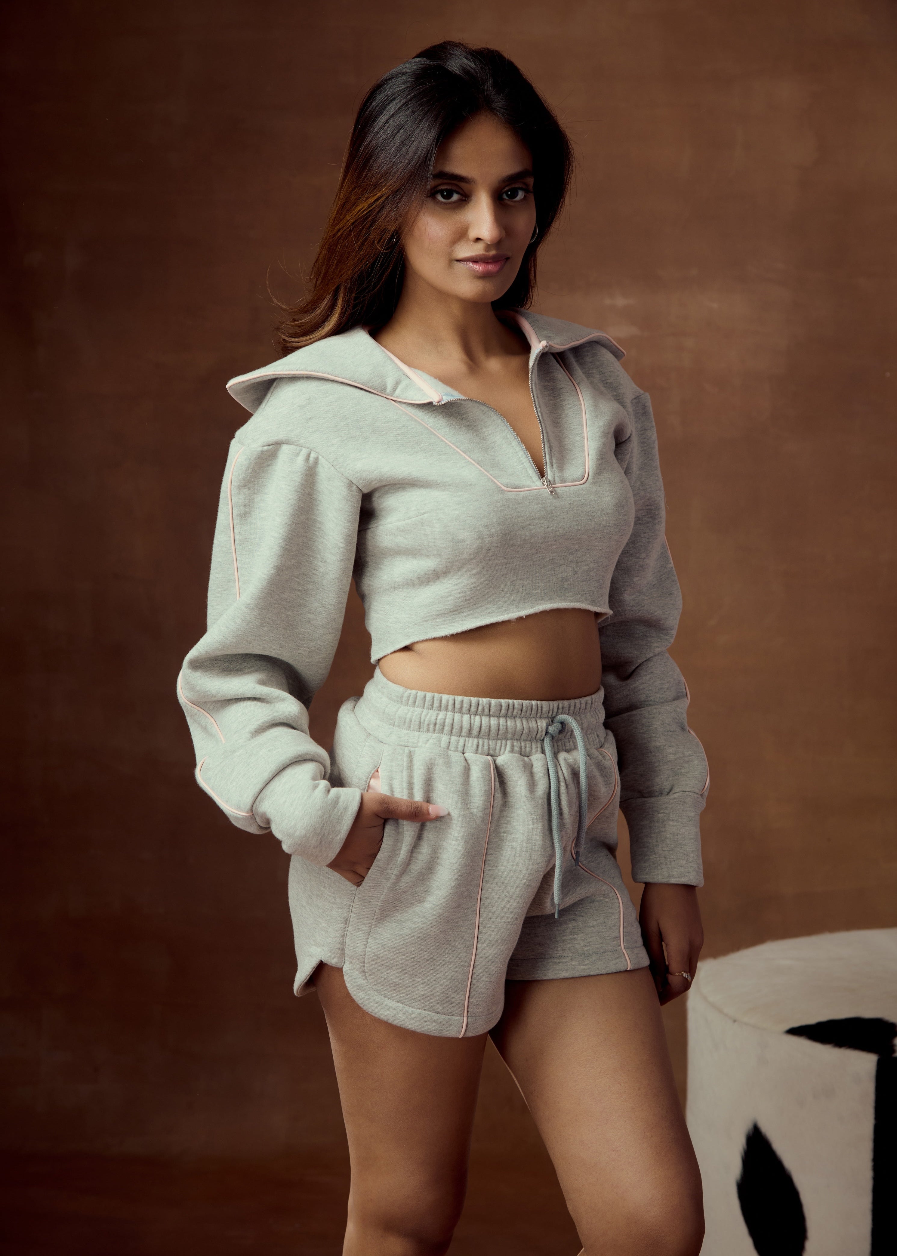 Sabine Grey Crop Collared Sweatshirt