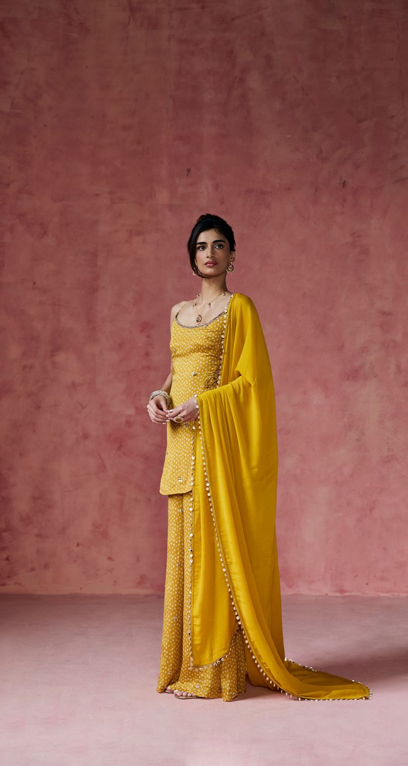 Ria Mustard Bandhani Embellished Sharara Set
