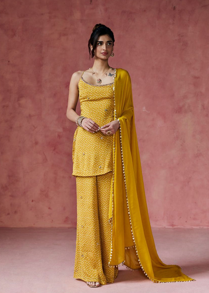Ria Mustard Bandhani Embellished Sharara Set
