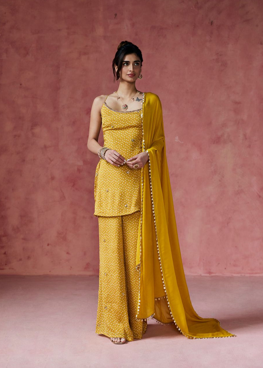 Ria Mustard Bandhani Embellished Sharara Set