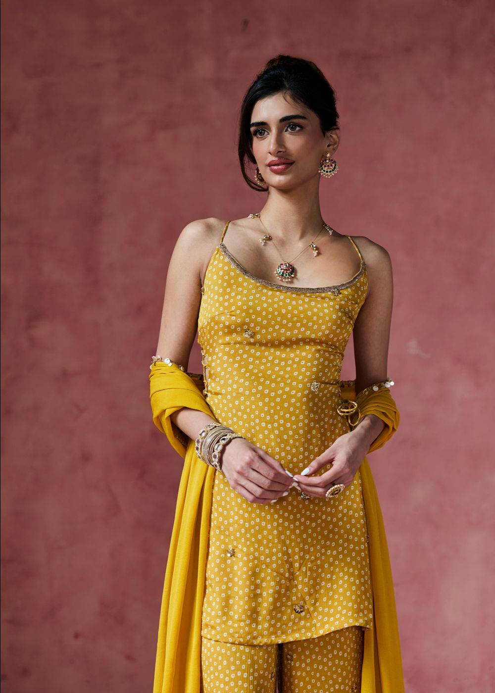 Ria Mustard Bandhani Embellished Sharara Set