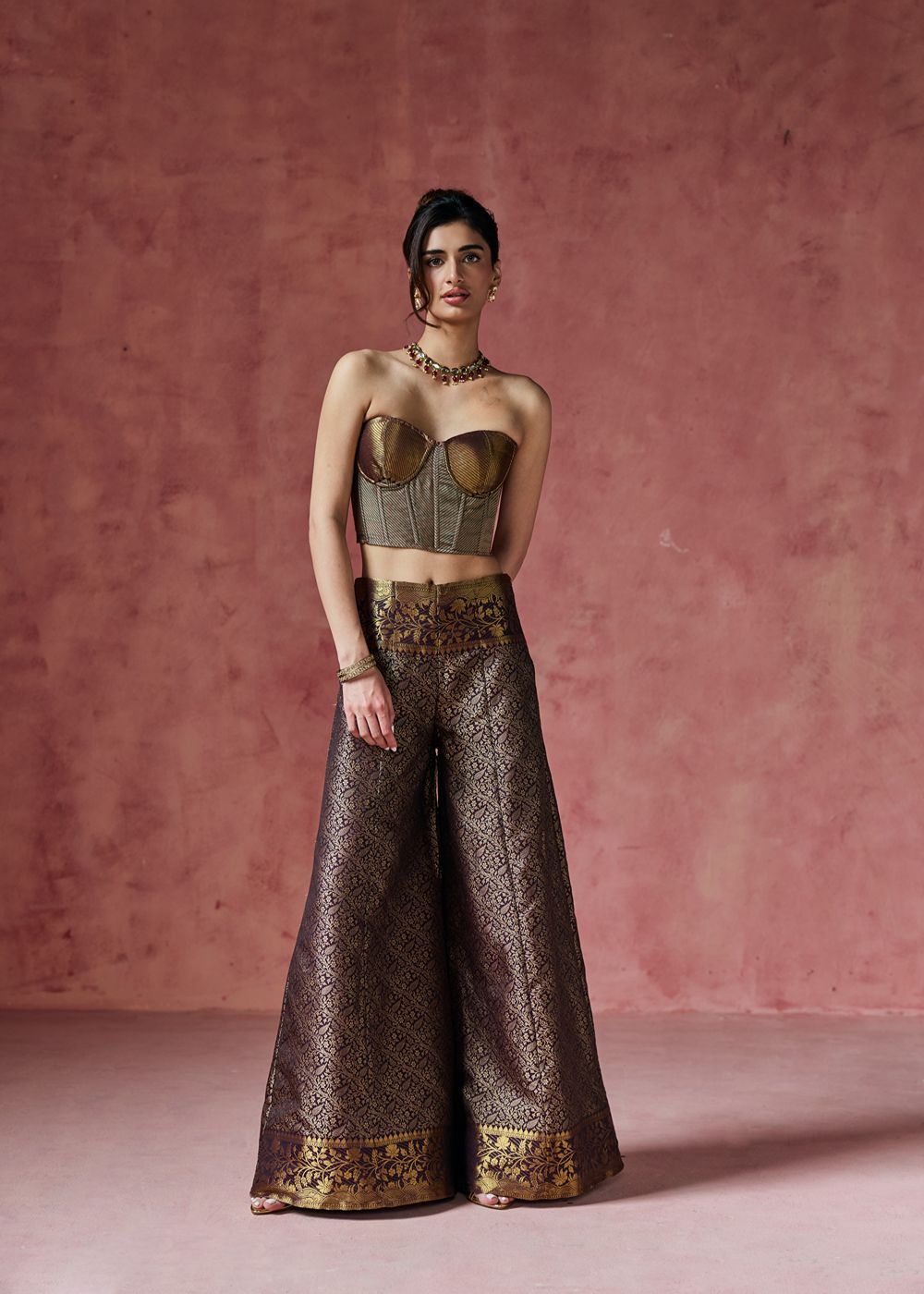 Kashira Bronze Banarasi Corset and Sharara Set