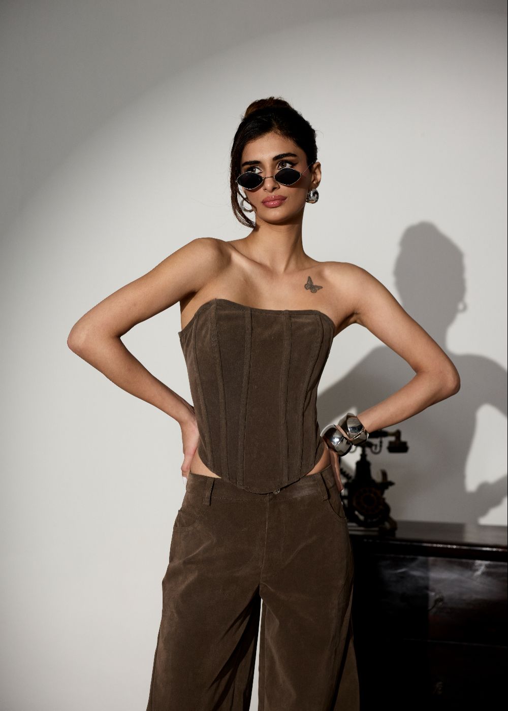Rory Mocha Suede Finish Denim Corset Top