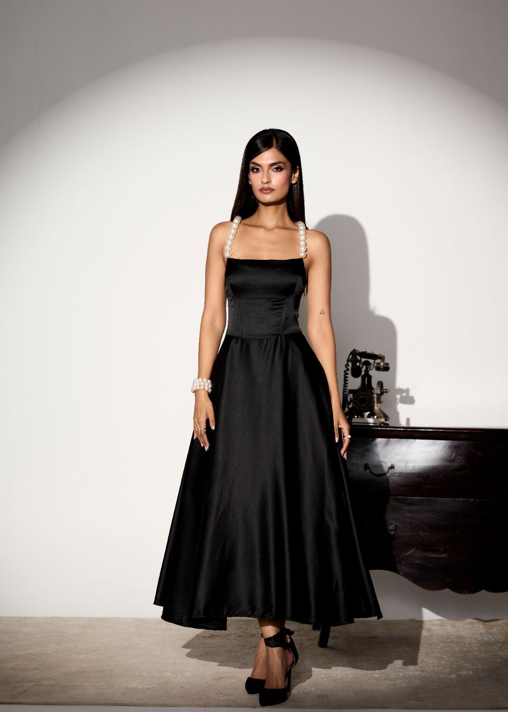 Vivienne Black Pearl Midi Dress